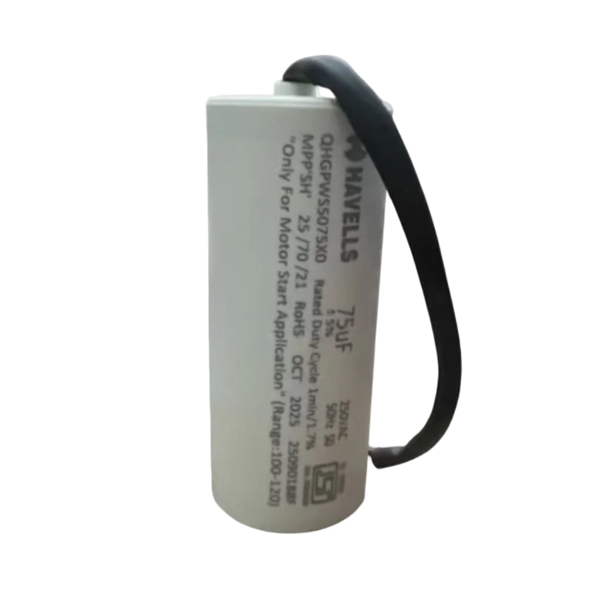 Havells Motor Start Capacitor 75uF Range 100-120 250V-PLWW-40x94-1