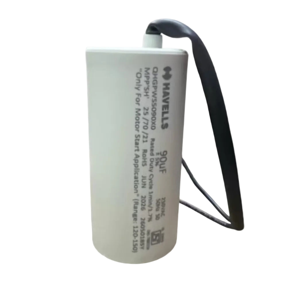 Havells Motor Start Capacitor 90uF Range 120-150 250V-PLWW-45x94-1