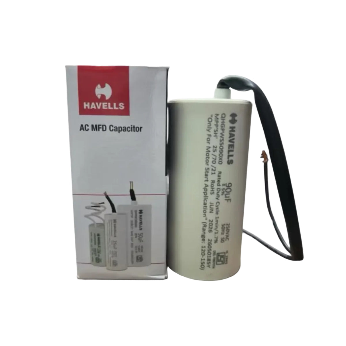 Havells Motor Start Capacitor 90uF Range 120-150 250V-PLWW-45x94